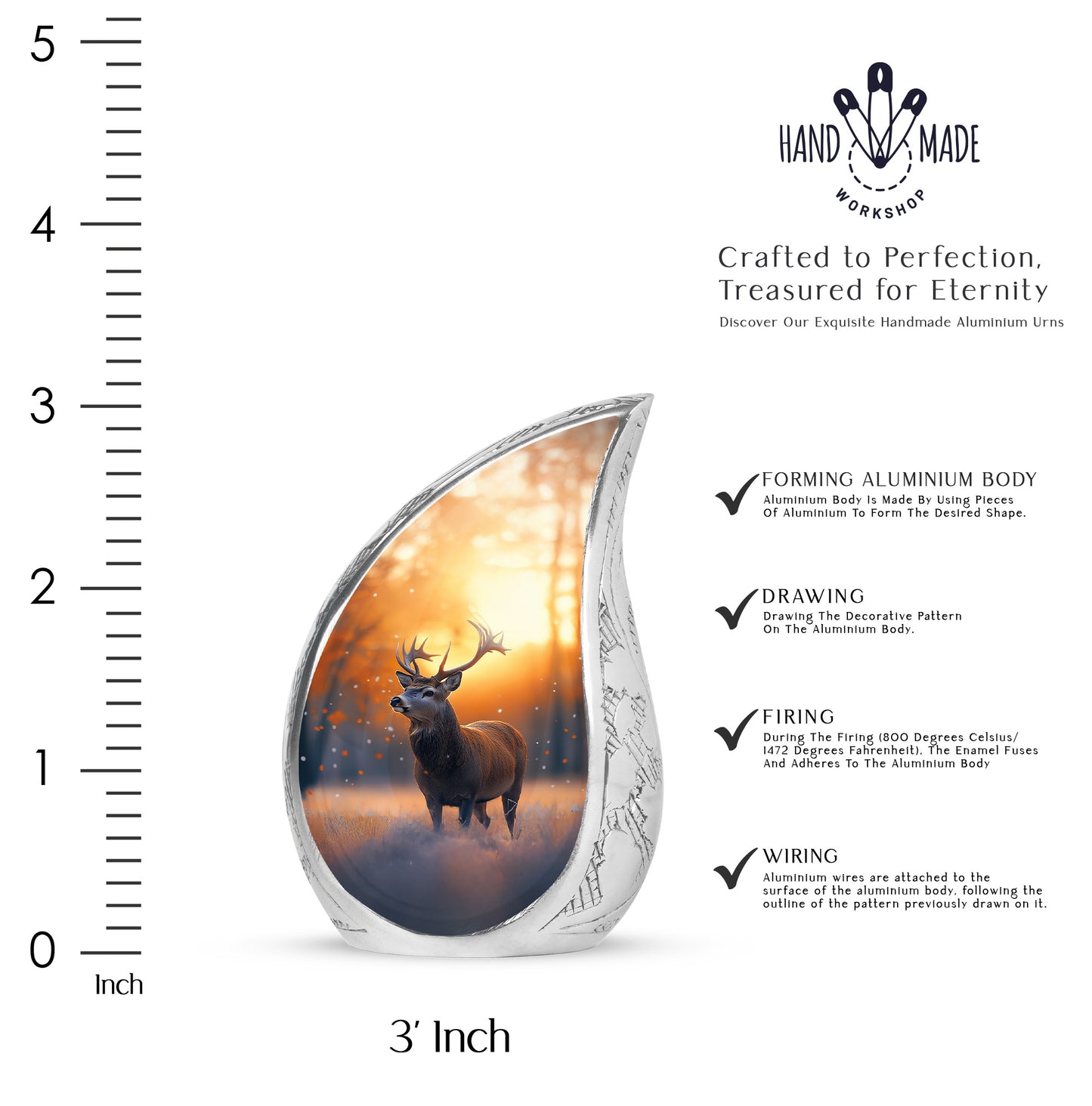 Matte Gold Deer Cremation Urn angled view of lid and engraved motif - smooth teardrop contour featuring deer art - mini keepsake memorial for portion of cremation ashes