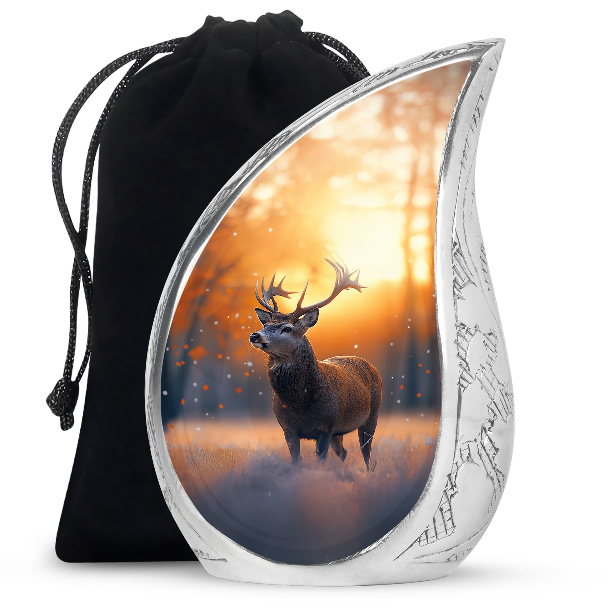 Burnished Gold Deer Cremation Urn front view showing detailed design - smooth teardrop contour featuring deer art - full-size 10 inch 200 cubic inch adult cremation urn