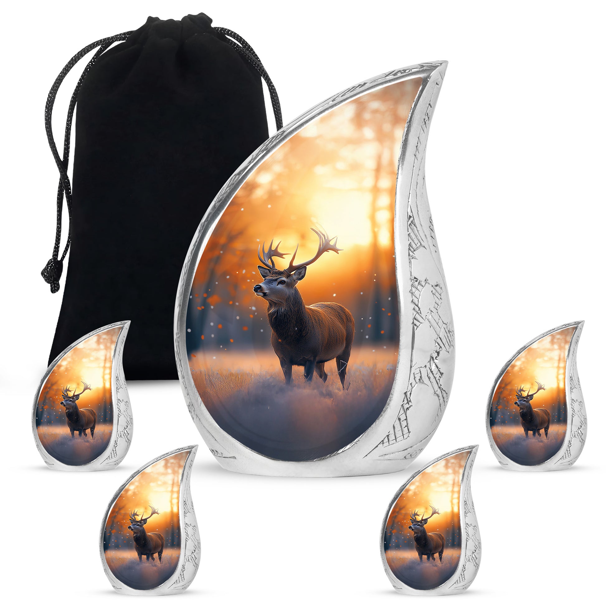 Warm Gold Deer Cremation Urn side profile showing urn shape - smooth teardrop contour featuring deer art - memorial set with one large and four small urns