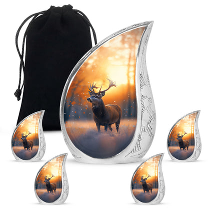 Warm Gold Deer Cremation Urn side profile showing urn shape - smooth teardrop contour featuring deer art - memorial set with one large and four small urns