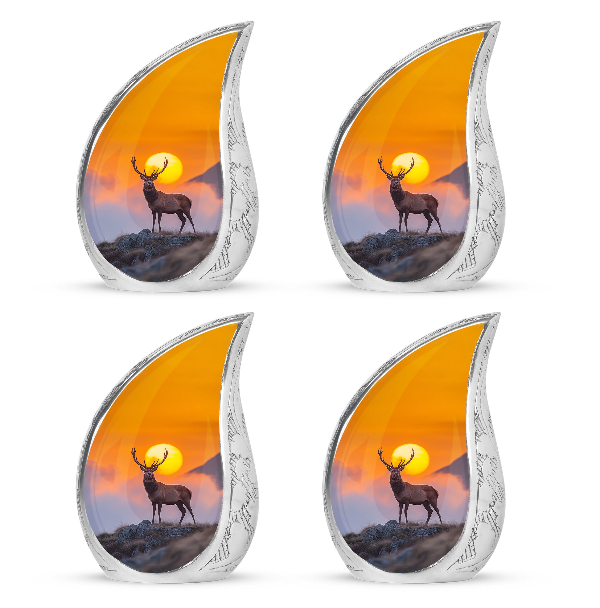 Champagne Gold Deer Cremation Urn close-up of engraving and surface detail - flowing teardrop deer silhouette on curved aluminum - 10 inch aluminum urn for cremated remains