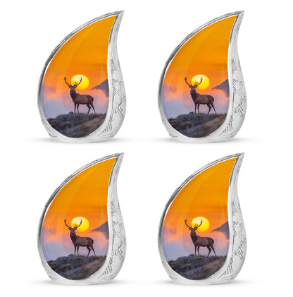 Champagne Gold Deer Cremation Urn close-up of engraving and surface detail - flowing teardrop deer silhouette on curved aluminum - 10 inch aluminum urn for cremated remains