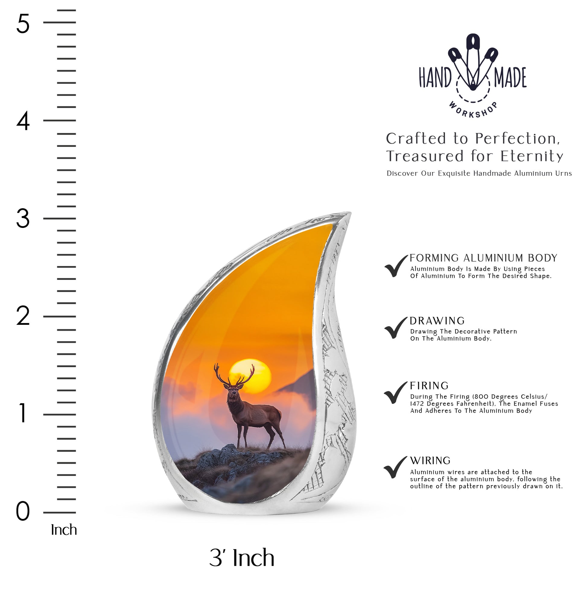 Harvest Gold Deer Cremation Urn angled view of lid and engraved motif - graceful tear-shaped urn with deer motif - mini keepsake memorial for portion of cremation ashes