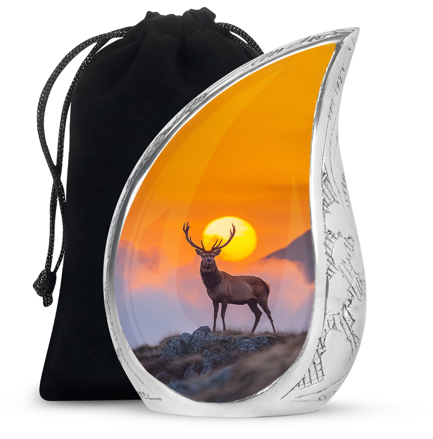 Burnished Gold Deer Cremation Urn front view showing detailed design - graceful tear-shaped urn with deer motif - full-size 10 inch 200 cubic inch adult cremation urn