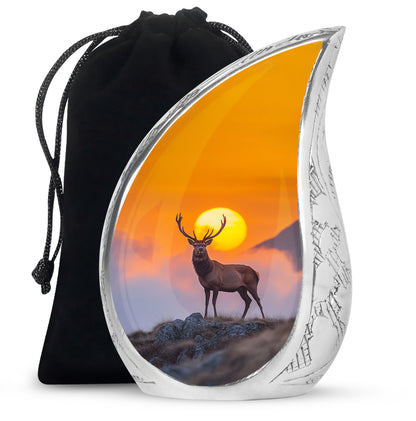 Burnished Gold Deer Cremation Urn front view showing detailed design - graceful tear-shaped urn with deer motif - full-size 10 inch 200 cubic inch adult cremation urn