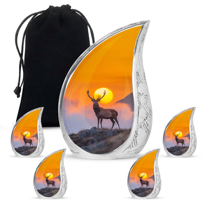 Warm Gold Deer Cremation Urn side profile showing urn shape - graceful tear-shaped urn with deer motif - memorial set with one large and four small urns