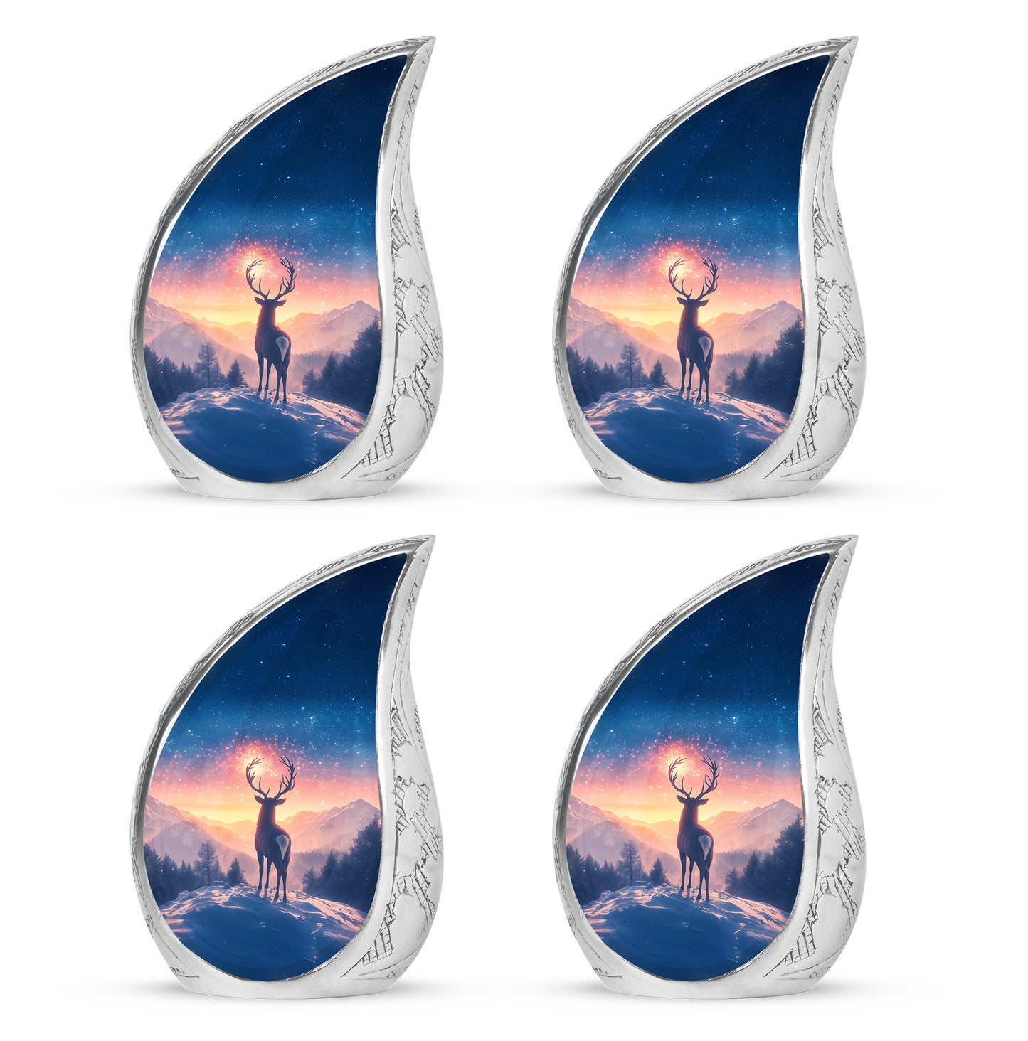 Serene Blue Deer Cremation Urn close-up of engraving and surface detail - smooth teardrop contour featuring deer art - 10 inch aluminum urn for cremated remains