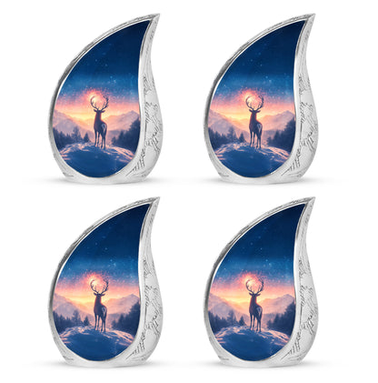 Serene Blue Deer Cremation Urn close-up of engraving and surface detail - smooth teardrop contour featuring deer art - 10 inch aluminum urn for cremated remains