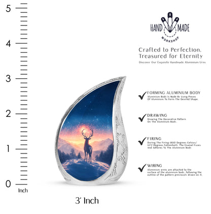 Cobalt Blue Deer Cremation Urn angled view of lid and engraved motif - graceful tear-shaped urn with deer motif - mini keepsake memorial for portion of cremation ashes