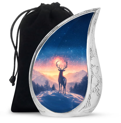 Celestial Blue Deer Cremation Urn front view showing detailed design - flowing teardrop deer silhouette on curved aluminum - full-size 10 inch 200 cubic inch adult cremation urn