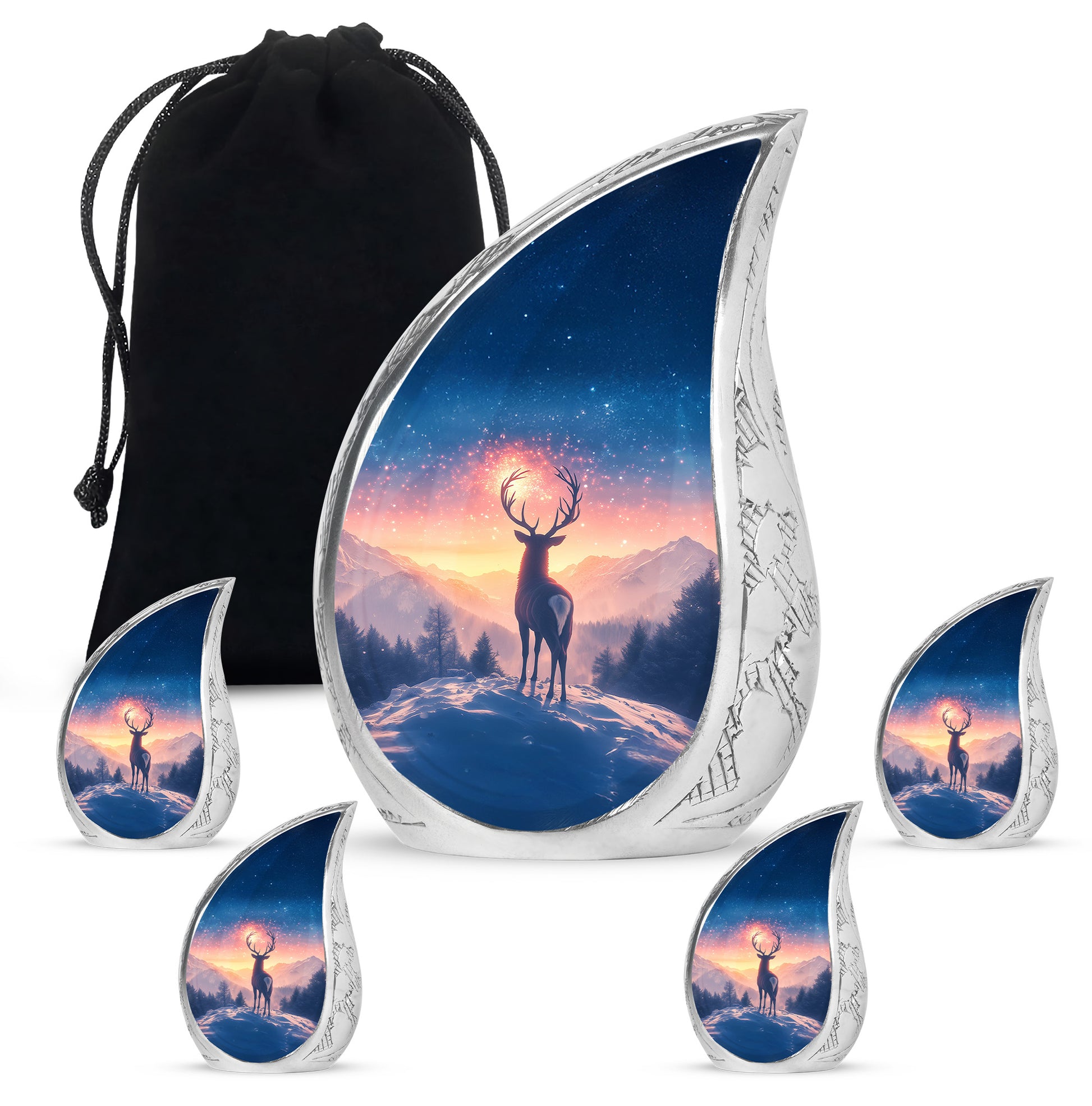 Misty Blue Deer Cremation Urn side profile showing urn shape - flowing teardrop deer silhouette on curved aluminum - memorial set with one large and four small urns