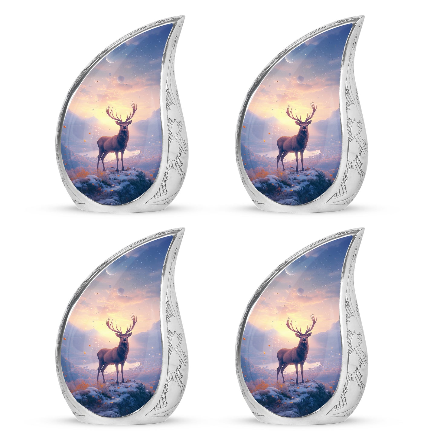 Garnet Red Deer Cremation Urn close-up of engraving and surface detail - flowing teardrop deer silhouette on curved aluminum - 10 inch aluminum urn for cremated remains