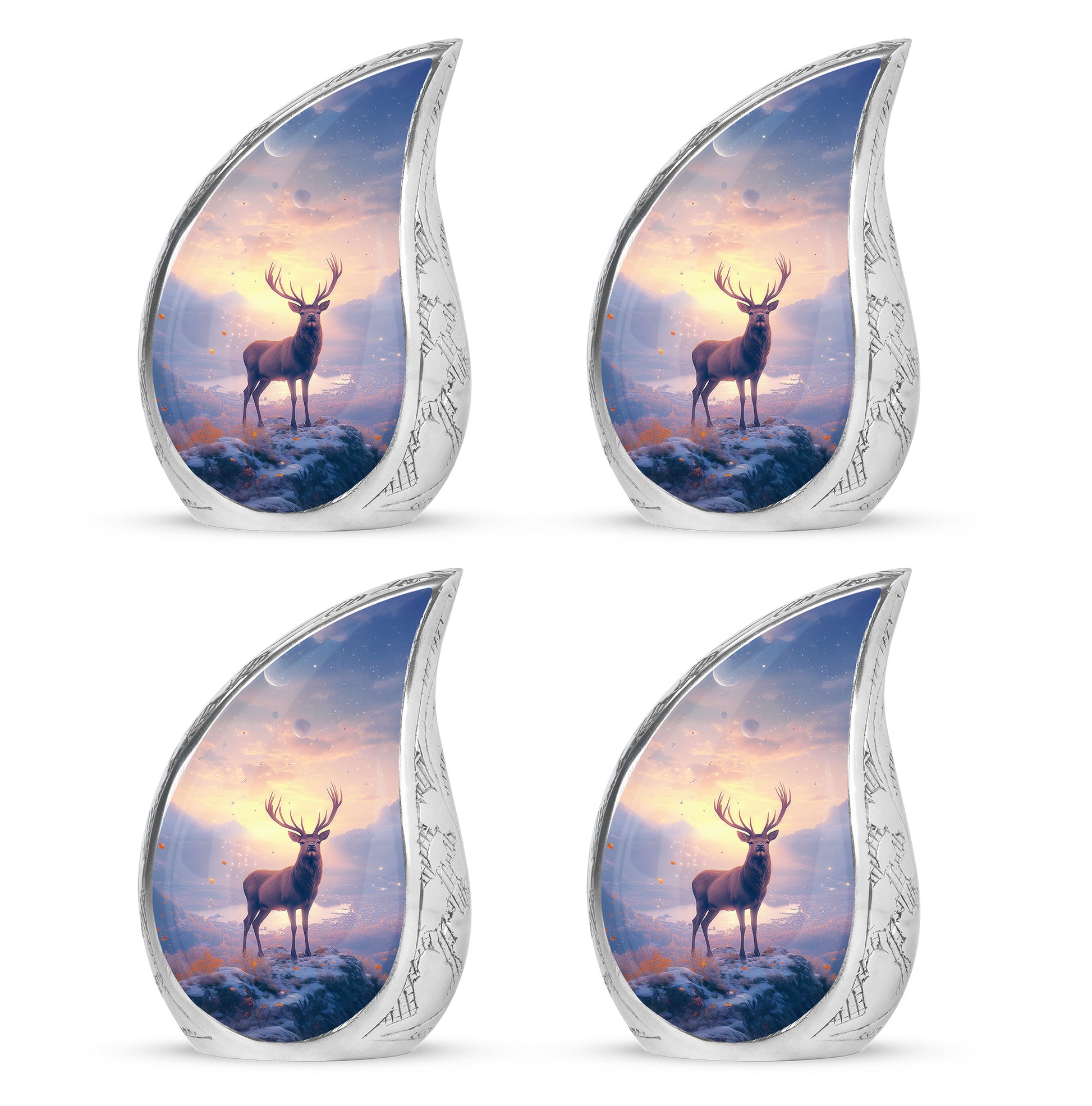 Garnet Red Deer Cremation Urn close-up of engraving and surface detail - flowing teardrop deer silhouette on curved aluminum - 10 inch aluminum urn for cremated remains
