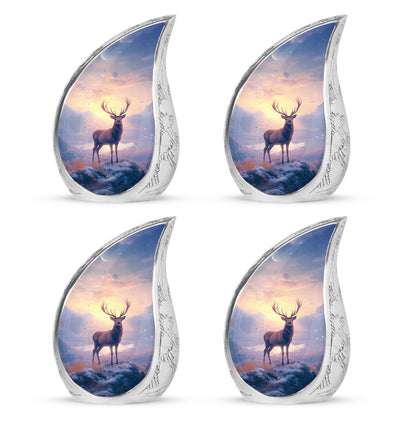 Garnet Red Deer Cremation Urn close-up of engraving and surface detail - flowing teardrop deer silhouette on curved aluminum - 10 inch aluminum urn for cremated remains