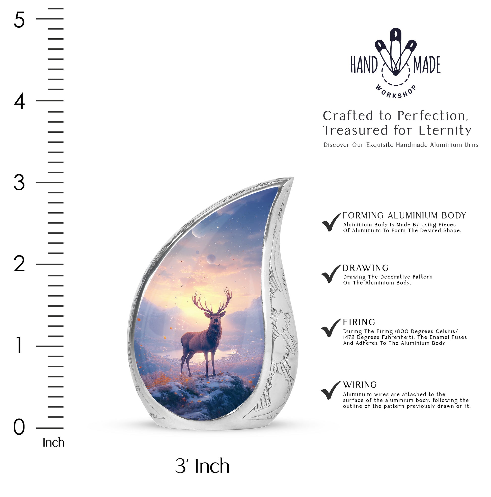 Fiery Red Deer Cremation Urn angled view of lid and engraved motif - graceful tear-shaped urn with deer motif - mini keepsake memorial for portion of cremation ashes