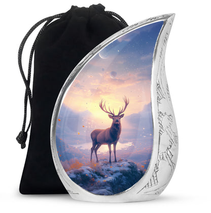 Ruby Red Deer Cremation Urn front view showing detailed design - smooth teardrop contour featuring deer art - full-size 10 inch 200 cubic inch adult cremation urn