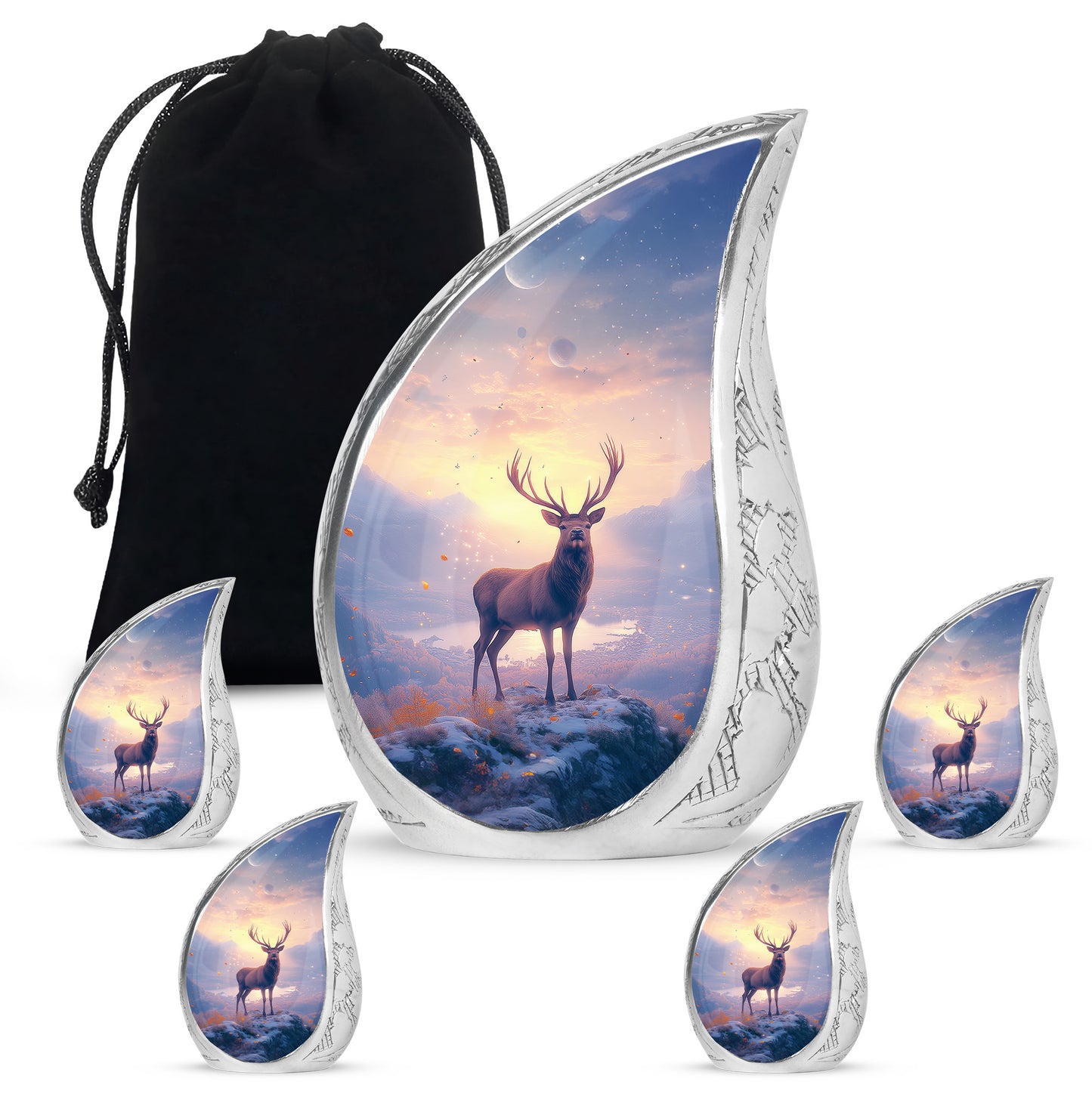 Crimson Red Deer Cremation Urn side profile showing urn shape - rounded teardrop deer design with delicate detail - memorial set with one large and four small urns