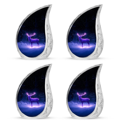 Royal Blue Deer Cremation Urn close-up of engraving and surface detail - graceful tear-shaped urn with deer motif - 10 inch aluminum urn for cremated remains