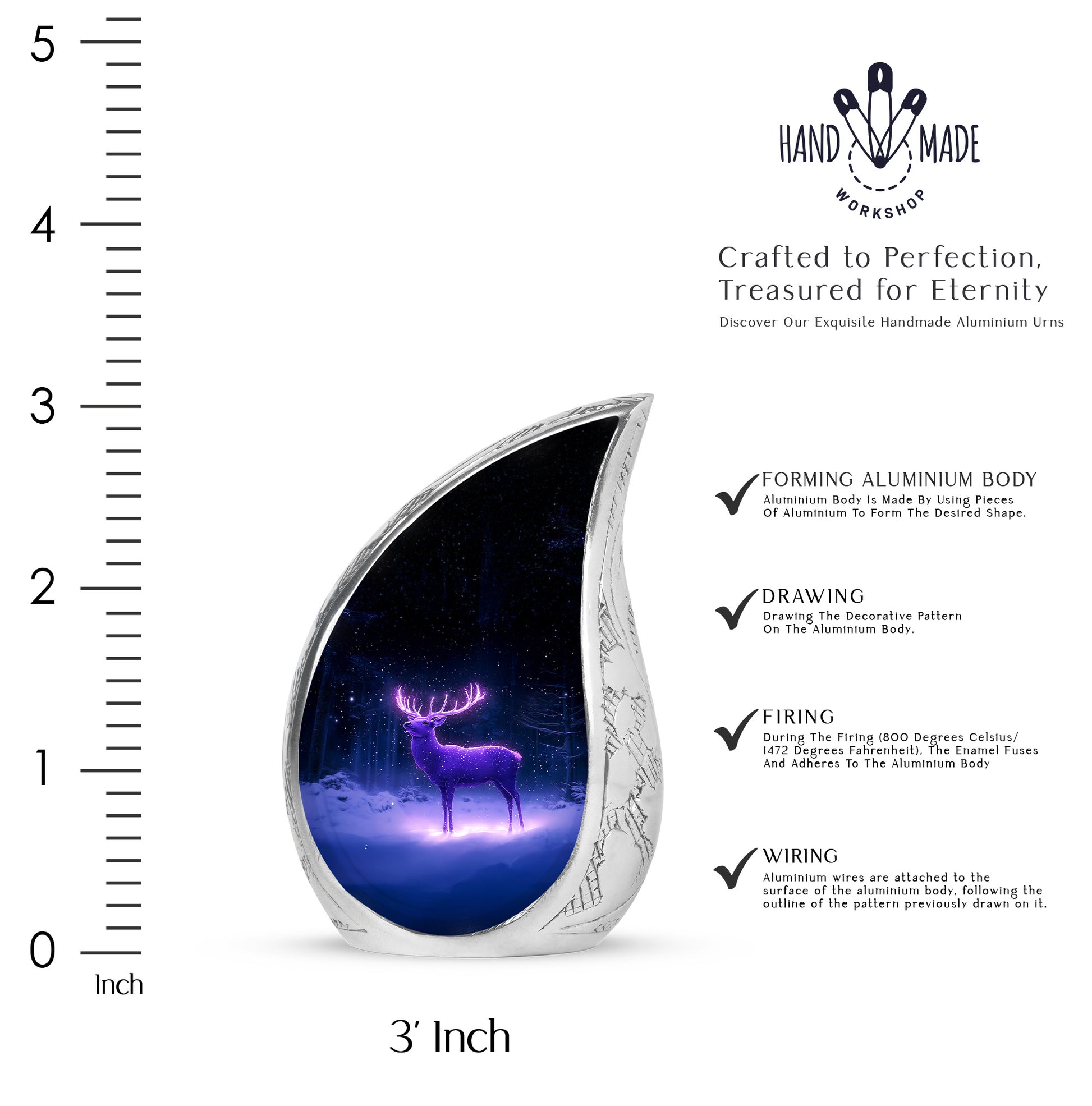 Cobalt Blue Deer Cremation Urn angled view of lid and engraved motif - smooth teardrop contour featuring deer art - mini keepsake memorial for portion of cremation ashes