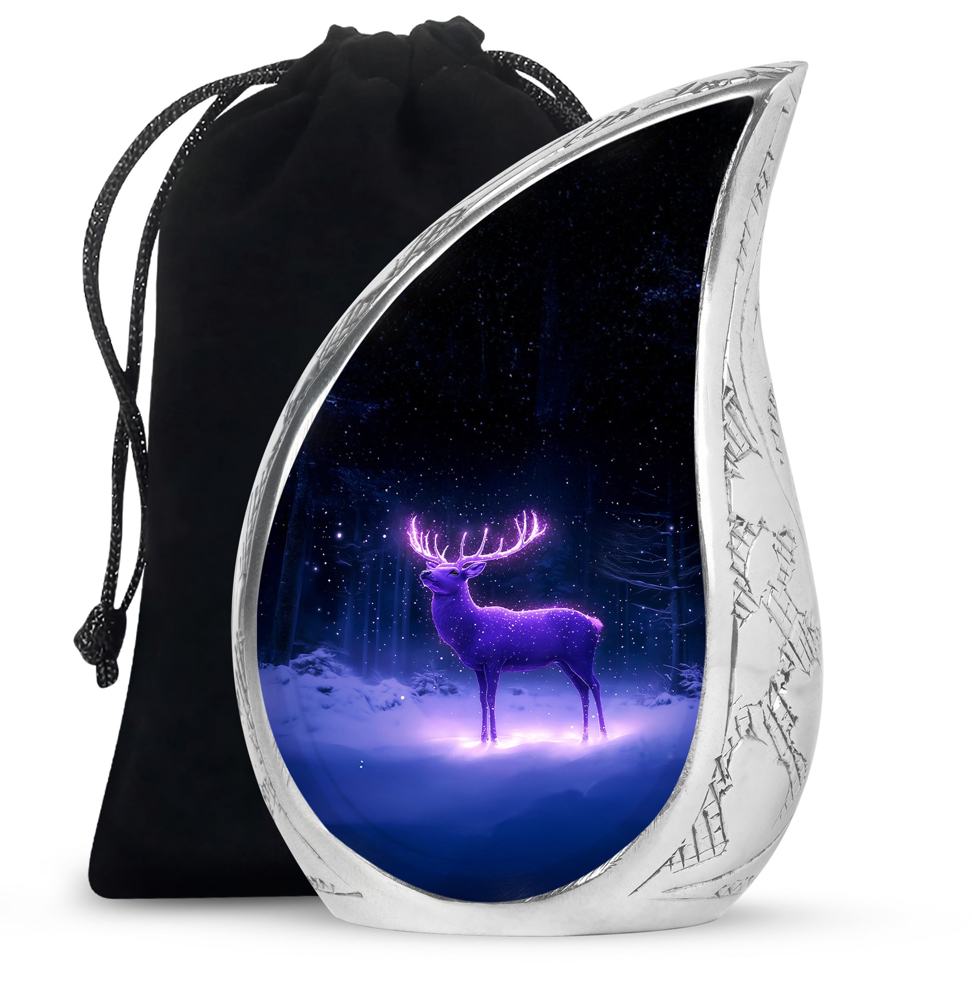Powder Blue Deer Cremation Urn front view showing detailed design - flowing teardrop deer silhouette on curved aluminum - full-size 10 inch 200 cubic inch adult cremation urn