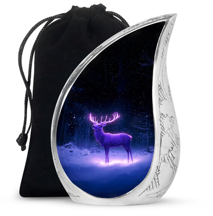 Powder Blue Deer Cremation Urn front view showing detailed design - flowing teardrop deer silhouette on curved aluminum - full-size 10 inch 200 cubic inch adult cremation urn