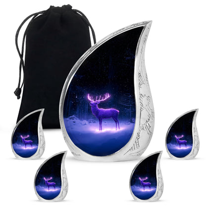 Pastel Blue Deer Cremation Urn side profile showing urn shape - flowing teardrop deer silhouette on curved aluminum - memorial set with one large and four small urns