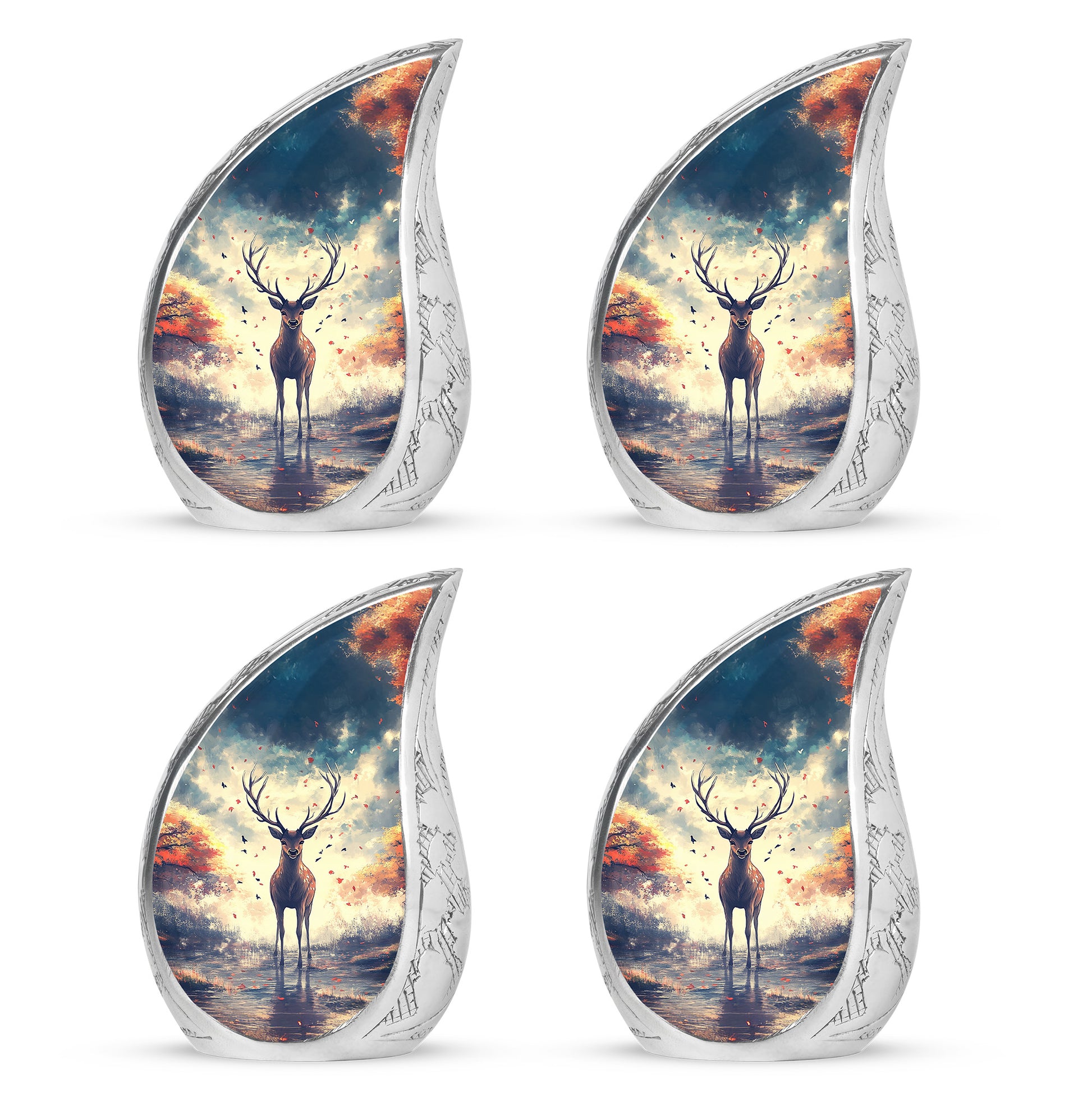 Soft Blue Deer Cremation Urn close-up of engraving and surface detail - graceful tear-shaped urn with deer motif - 10 inch aluminum urn for cremated remains