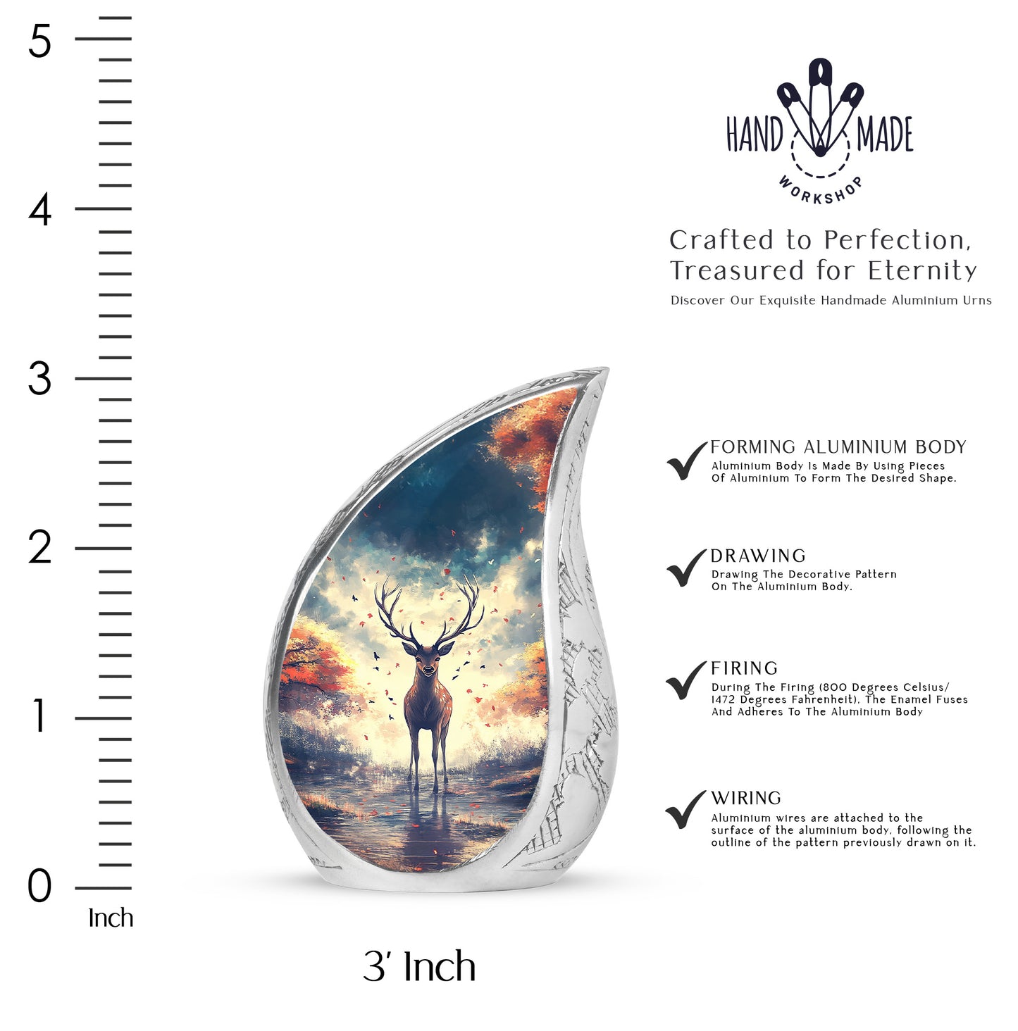 Vivid Blue Deer Cremation Urn angled view of lid and engraved motif - graceful tear-shaped urn with deer motif - mini keepsake memorial for portion of cremation ashes