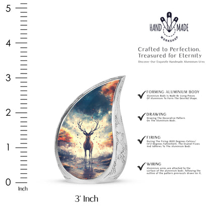 Vivid Blue Deer Cremation Urn angled view of lid and engraved motif - graceful tear-shaped urn with deer motif - mini keepsake memorial for portion of cremation ashes