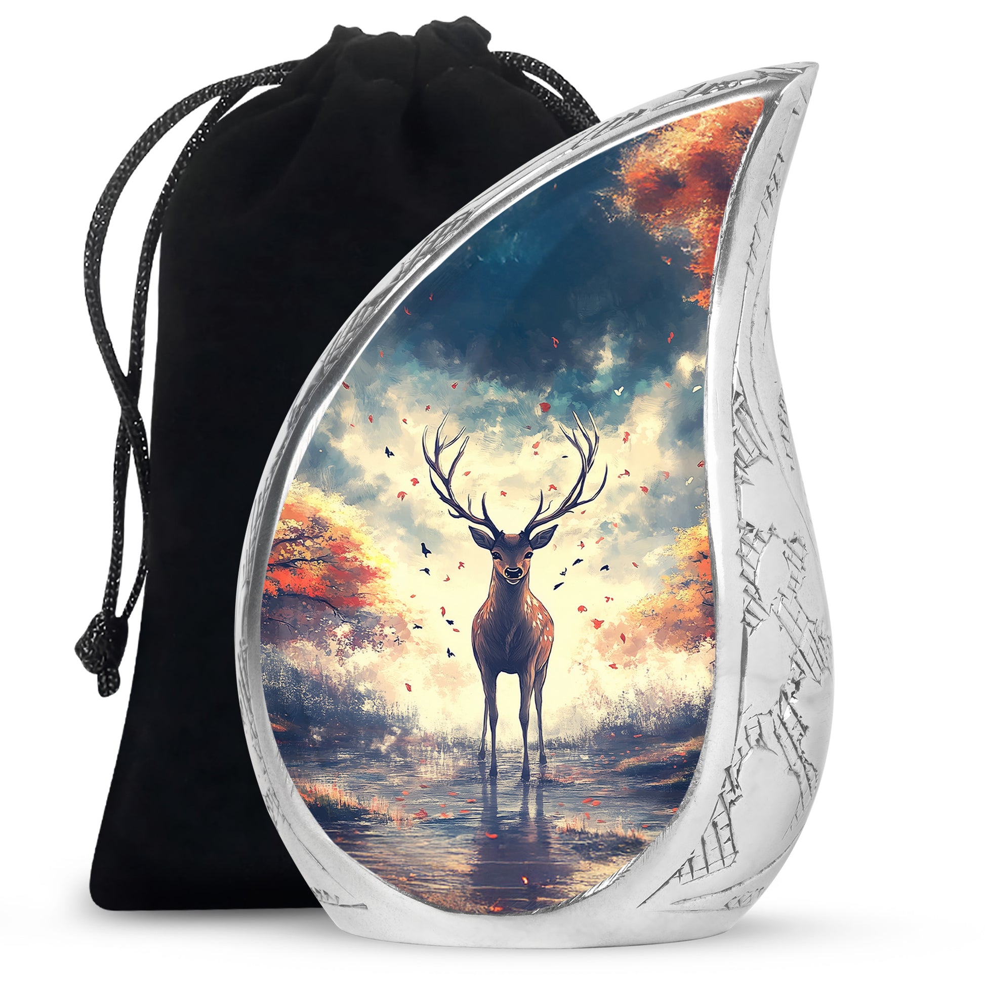 Dusty Blue Deer Cremation Urn front view showing detailed design - rounded teardrop deer design with delicate detail - full-size 10 inch 200 cubic inch adult cremation urn