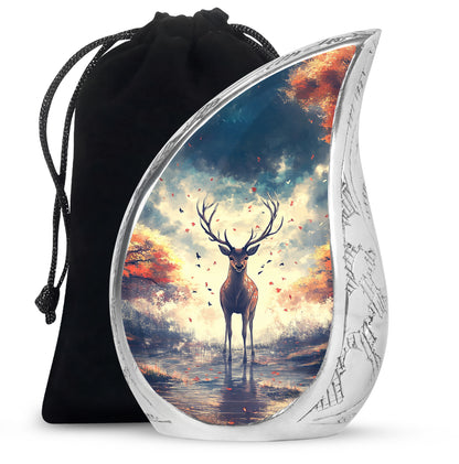 Dusty Blue Deer Cremation Urn front view showing detailed design - rounded teardrop deer design with delicate detail - full-size 10 inch 200 cubic inch adult cremation urn