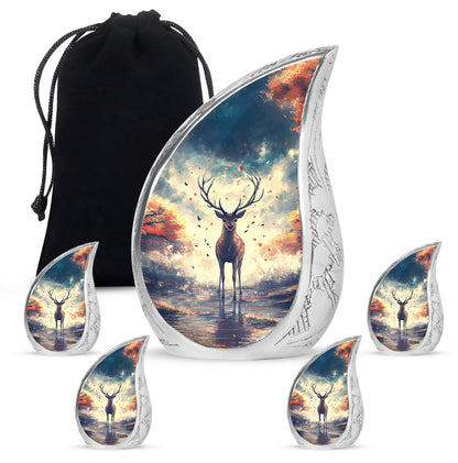 Cornflower Blue Deer Cremation Urn side profile showing urn shape - graceful tear-shaped urn with deer motif - memorial set with one large and four small urns