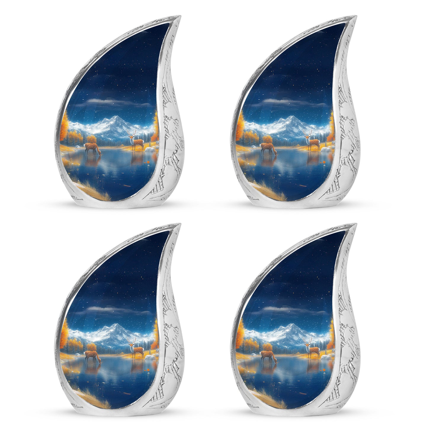 Celestial Blue Deer Cremation Urn close-up of engraving and surface detail - flowing teardrop deer silhouette on curved aluminum - 10 inch aluminum urn for cremated remains