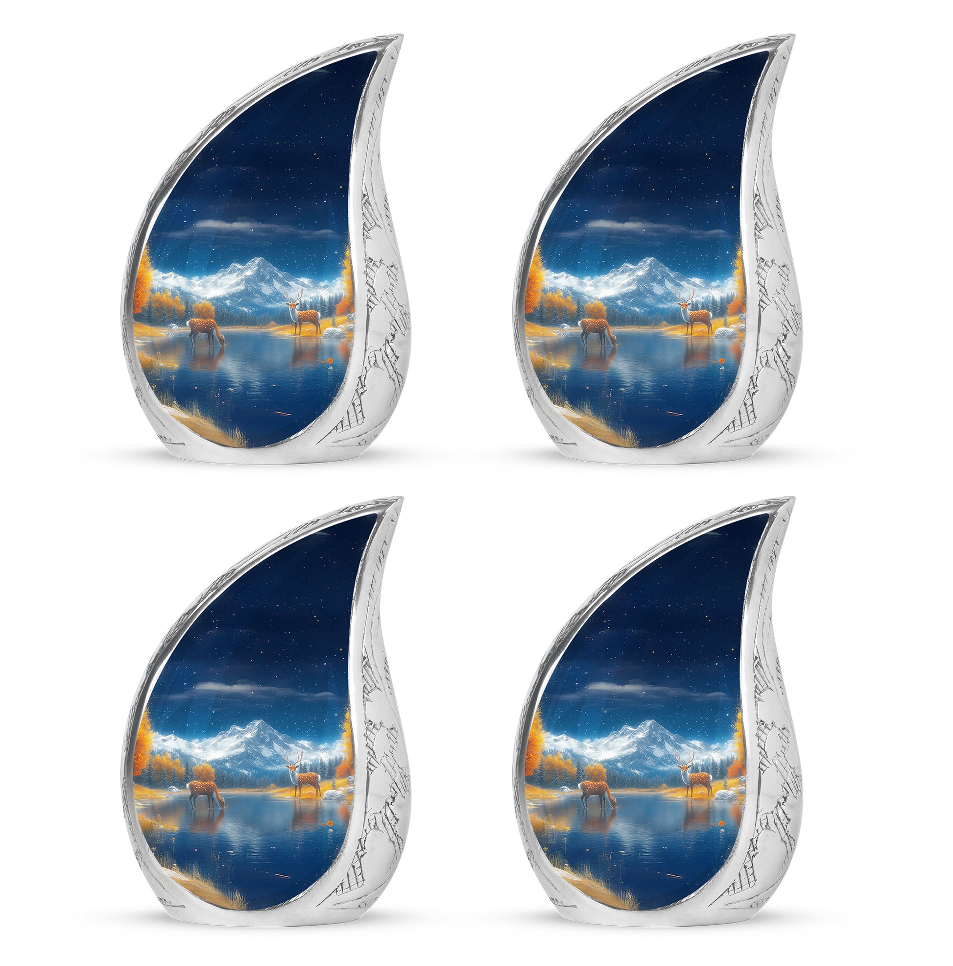 Celestial Blue Deer Cremation Urn close-up of engraving and surface detail - flowing teardrop deer silhouette on curved aluminum - 10 inch aluminum urn for cremated remains