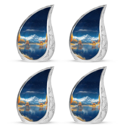 Celestial Blue Deer Cremation Urn close-up of engraving and surface detail - flowing teardrop deer silhouette on curved aluminum - 10 inch aluminum urn for cremated remains