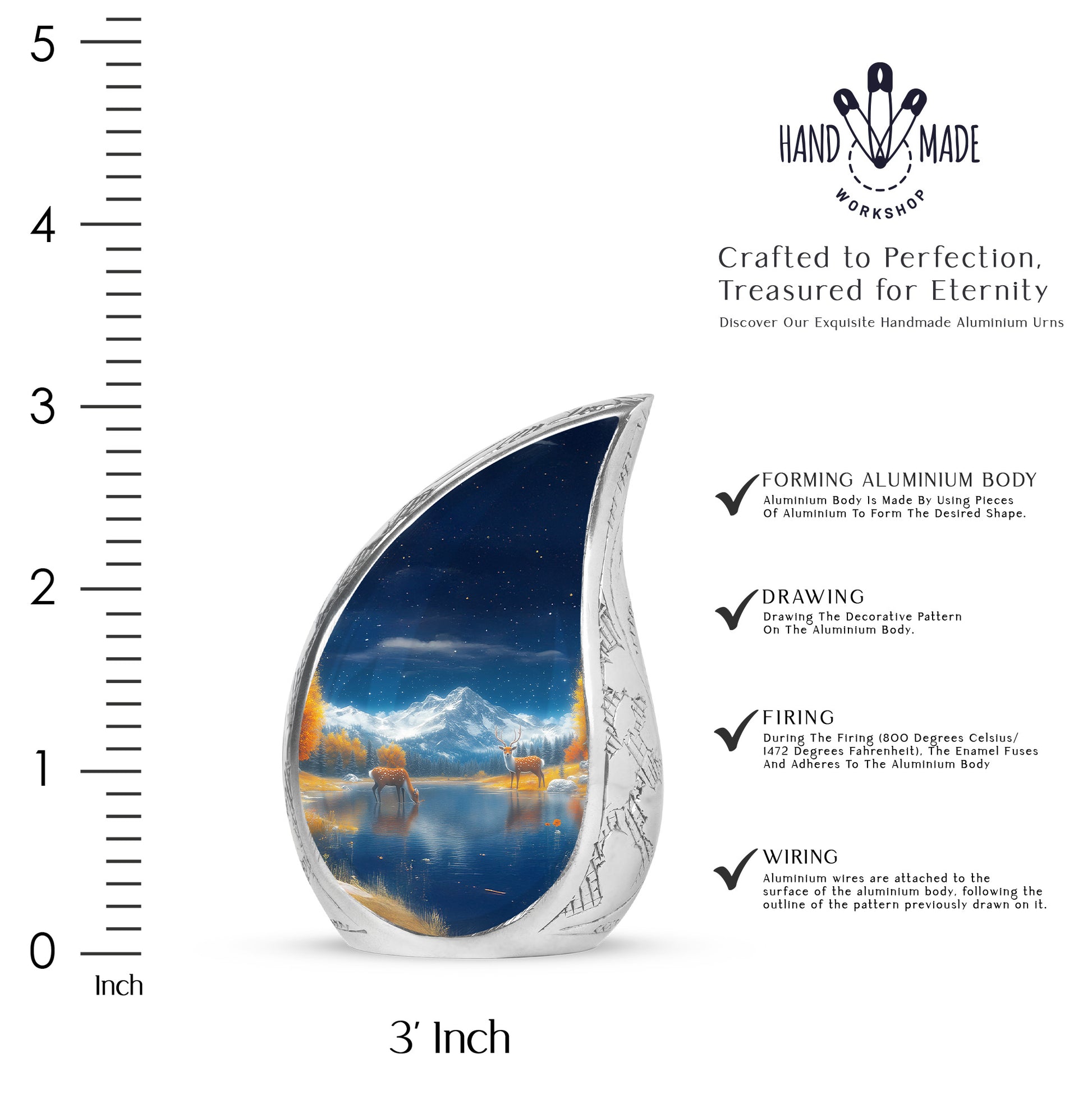 Azure Deer Cremation Urn angled view of lid and engraved motif - rounded teardrop deer design with delicate detail - mini keepsake memorial for portion of cremation ashes