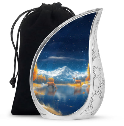 Dusty Blue Deer Cremation Urn front view showing detailed design - rounded teardrop deer design with delicate detail - full-size 10 inch 200 cubic inch adult cremation urn