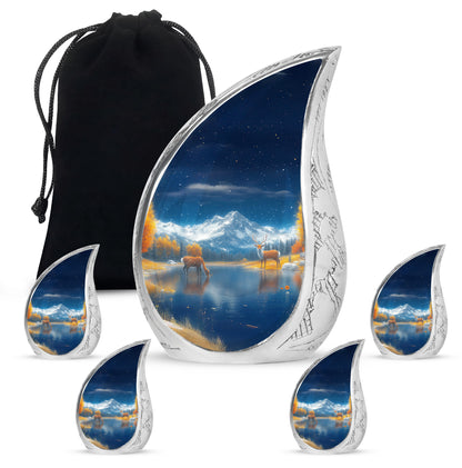 Pastel Blue Deer Cremation Urn side profile showing urn shape - flowing teardrop deer silhouette on curved aluminum - memorial set with one large and four small urns