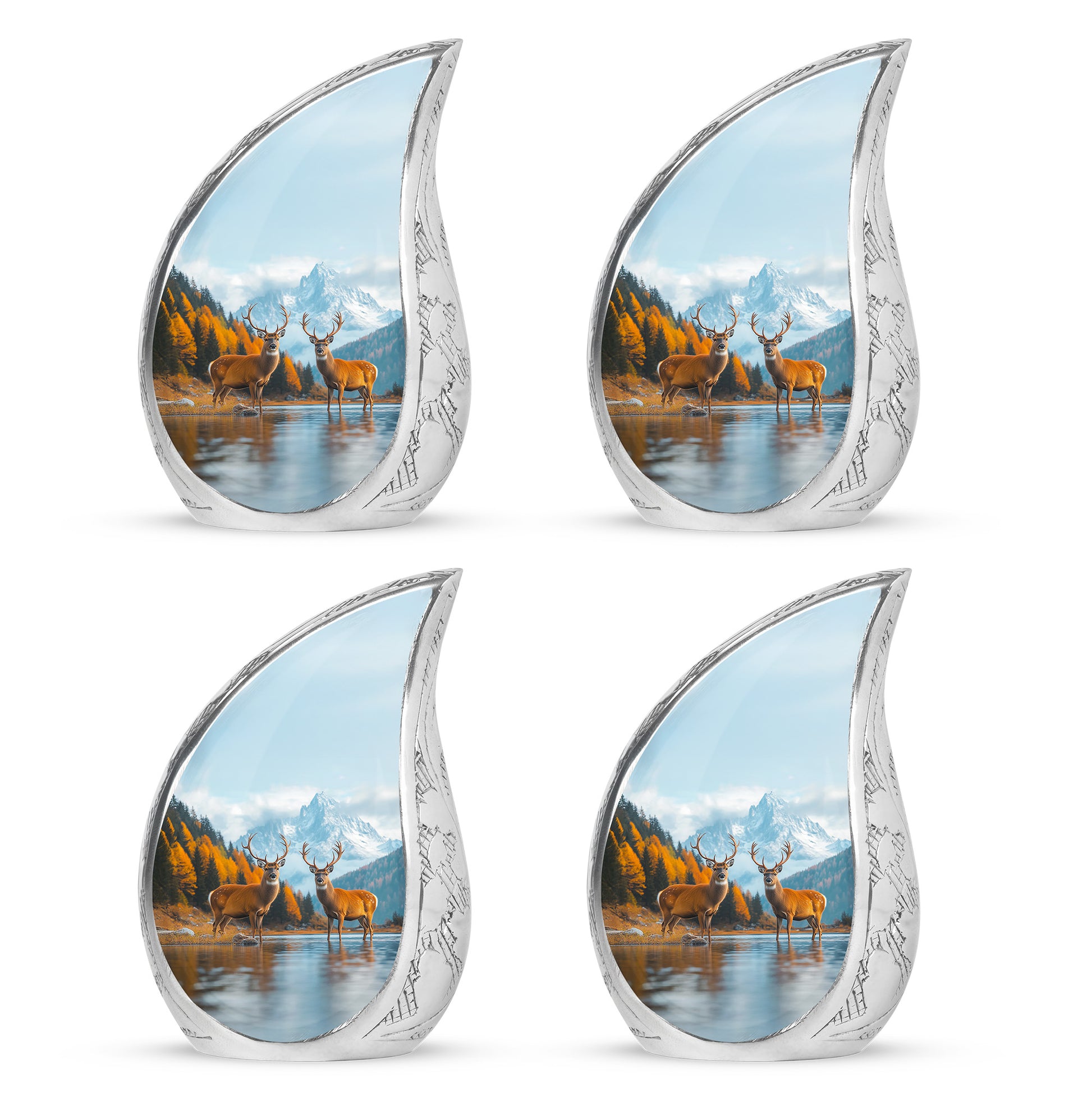 Slate Blue Deer Cremation Urn close-up of engraving and surface detail - rounded teardrop deer design with delicate detail - 10 inch aluminum urn for cremated remains