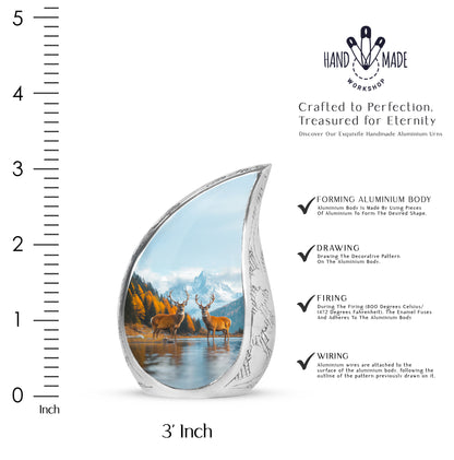 Sapphire Blue Deer Cremation Urn angled view of lid and engraved motif - graceful tear-shaped urn with deer motif - mini keepsake memorial for portion of cremation ashes