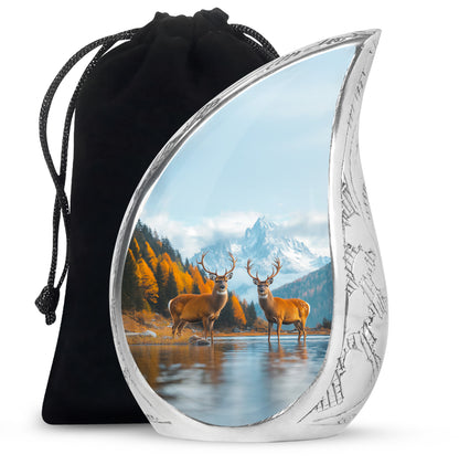 Powder Blue Deer Cremation Urn front view showing detailed design - flowing teardrop deer silhouette on curved aluminum - full-size 10 inch 200 cubic inch adult cremation urn