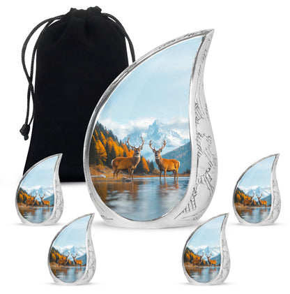 Misty Blue Deer Cremation Urn side profile showing urn shape - rounded teardrop deer design with delicate detail - memorial set with one large and four small urns
