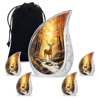 Amber Gold Deer Cremation Urn side profile showing urn shape - flowing teardrop deer silhouette on curved aluminum - memorial set with one large and four small urns