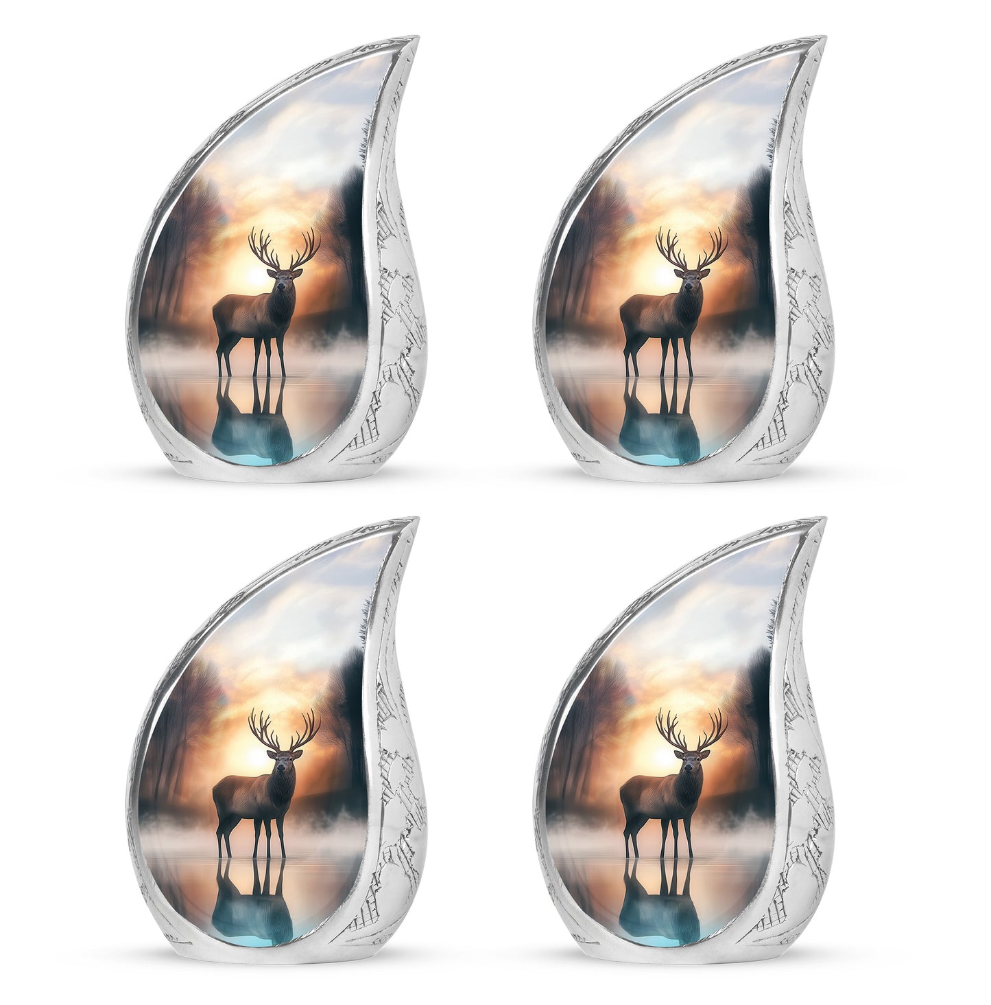 Harvest Gold Deer Cremation Urn close-up of engraving and surface detail - smooth teardrop contour featuring deer art - 10 inch aluminum urn for cremated remains