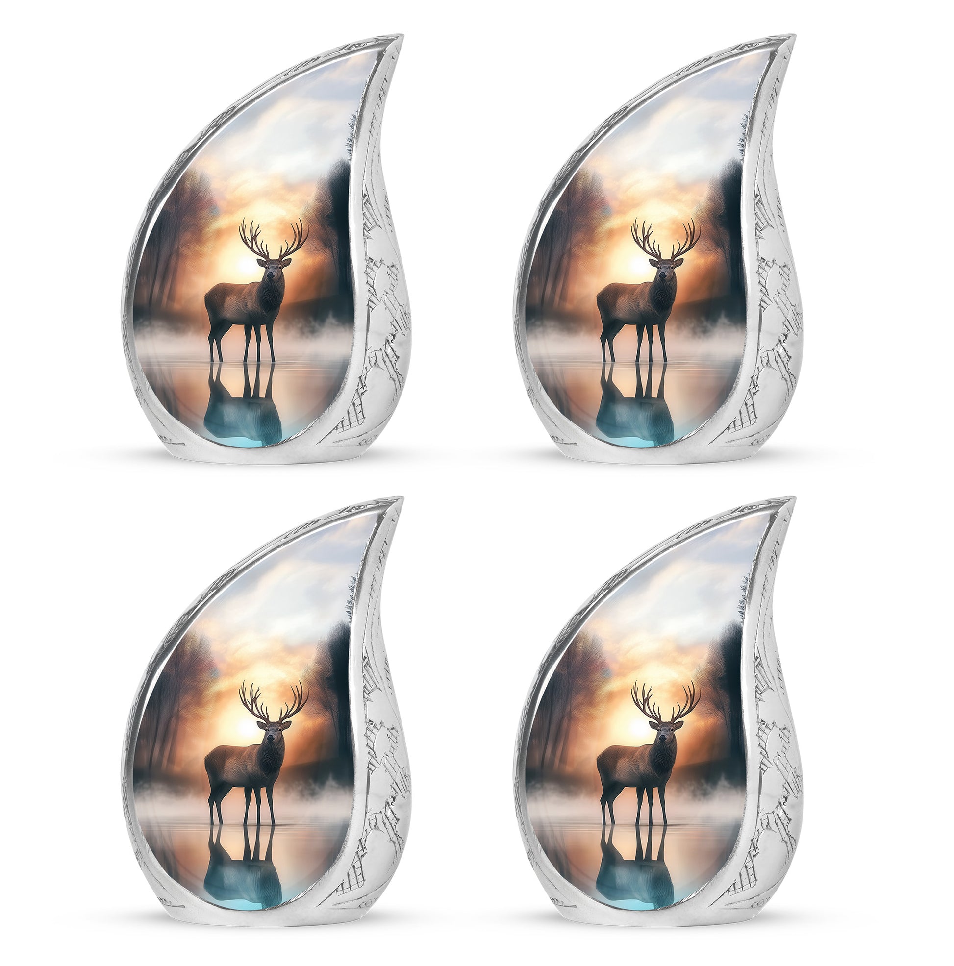 Harvest Gold Deer Cremation Urn close-up of engraving and surface detail - smooth teardrop contour featuring deer art - 10 inch aluminum urn for cremated remains
