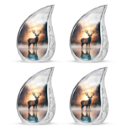 Harvest Gold Deer Cremation Urn close-up of engraving and surface detail - smooth teardrop contour featuring deer art - 10 inch aluminum urn for cremated remains