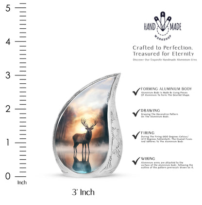 Amber Gold Deer Cremation Urn angled view of lid and engraved motif - flowing teardrop deer silhouette on curved aluminum - mini keepsake memorial for portion of cremation ashes