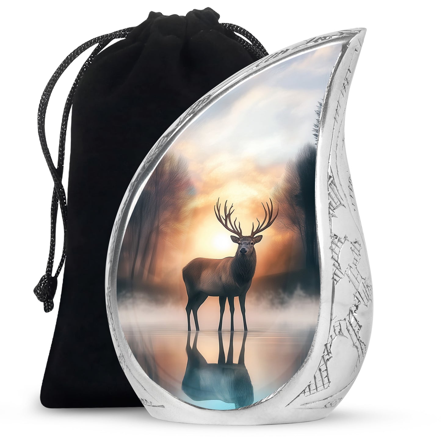 Champagne Gold Deer Cremation Urn front view showing detailed design - rounded teardrop deer design with delicate detail - full-size 10 inch 200 cubic inch adult cremation urn