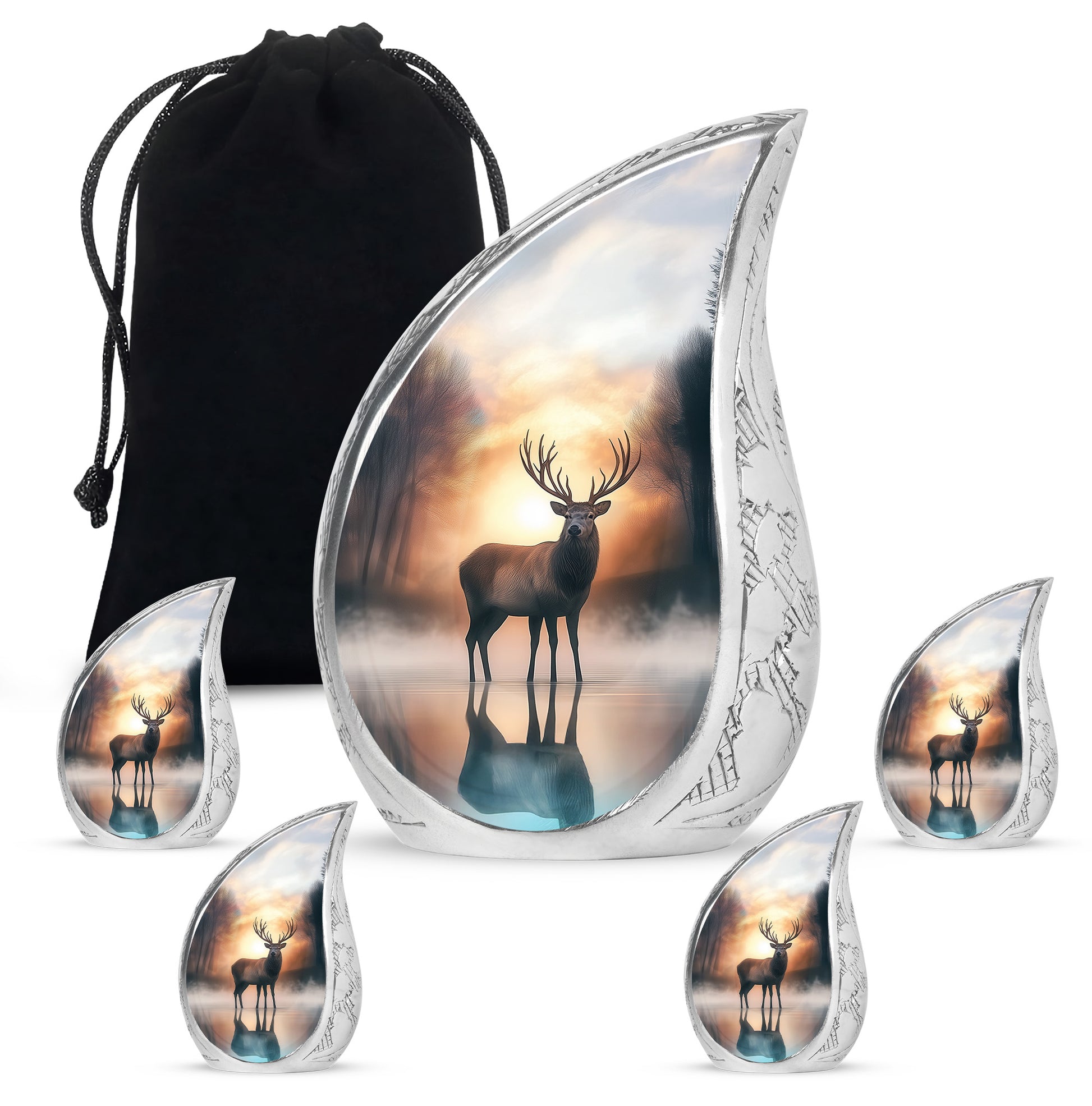 Antique Gold Deer Cremation Urn side profile showing urn shape - flowing teardrop deer silhouette on curved aluminum - memorial set with one large and four small urns
