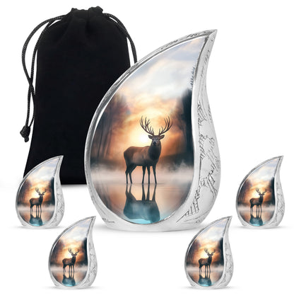 Antique Gold Deer Cremation Urn side profile showing urn shape - flowing teardrop deer silhouette on curved aluminum - memorial set with one large and four small urns